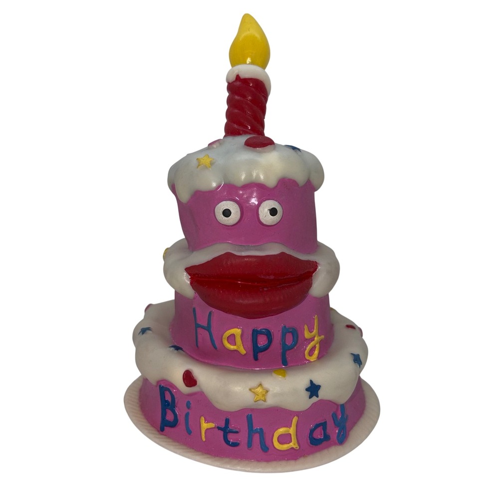 Vintage Novelty Pink Birthday Cake Figurine Lips Googly Eyes Kitsch Decor